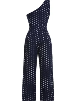 Clearance Retro Stage 1930s One-shoulder Dot Jumpsuit Navy Blue