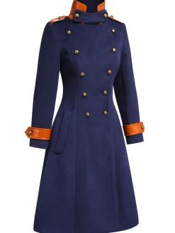 Outlet Retro Stage 1940s Patchwork Button Coat Navy Blue
