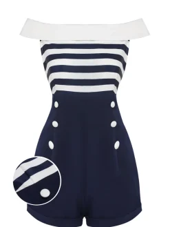 Online Retro Stage 1950s Patchwork Off-shoulder Striped Romper Navy Blue