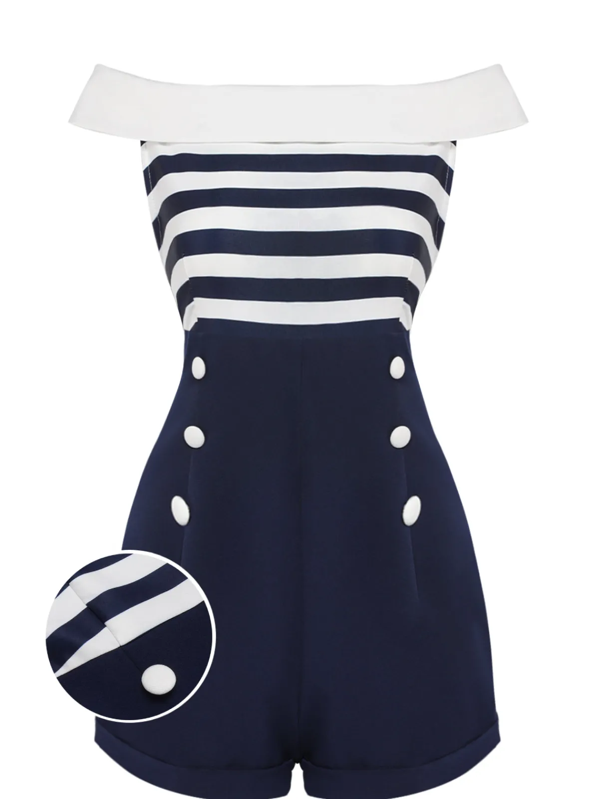 Online Retro Stage 1950s Patchwork Off-shoulder Striped Romper Navy Blue