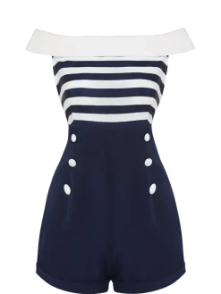 Online Retro Stage 1950s Patchwork Off-shoulder Striped Romper Navy Blue