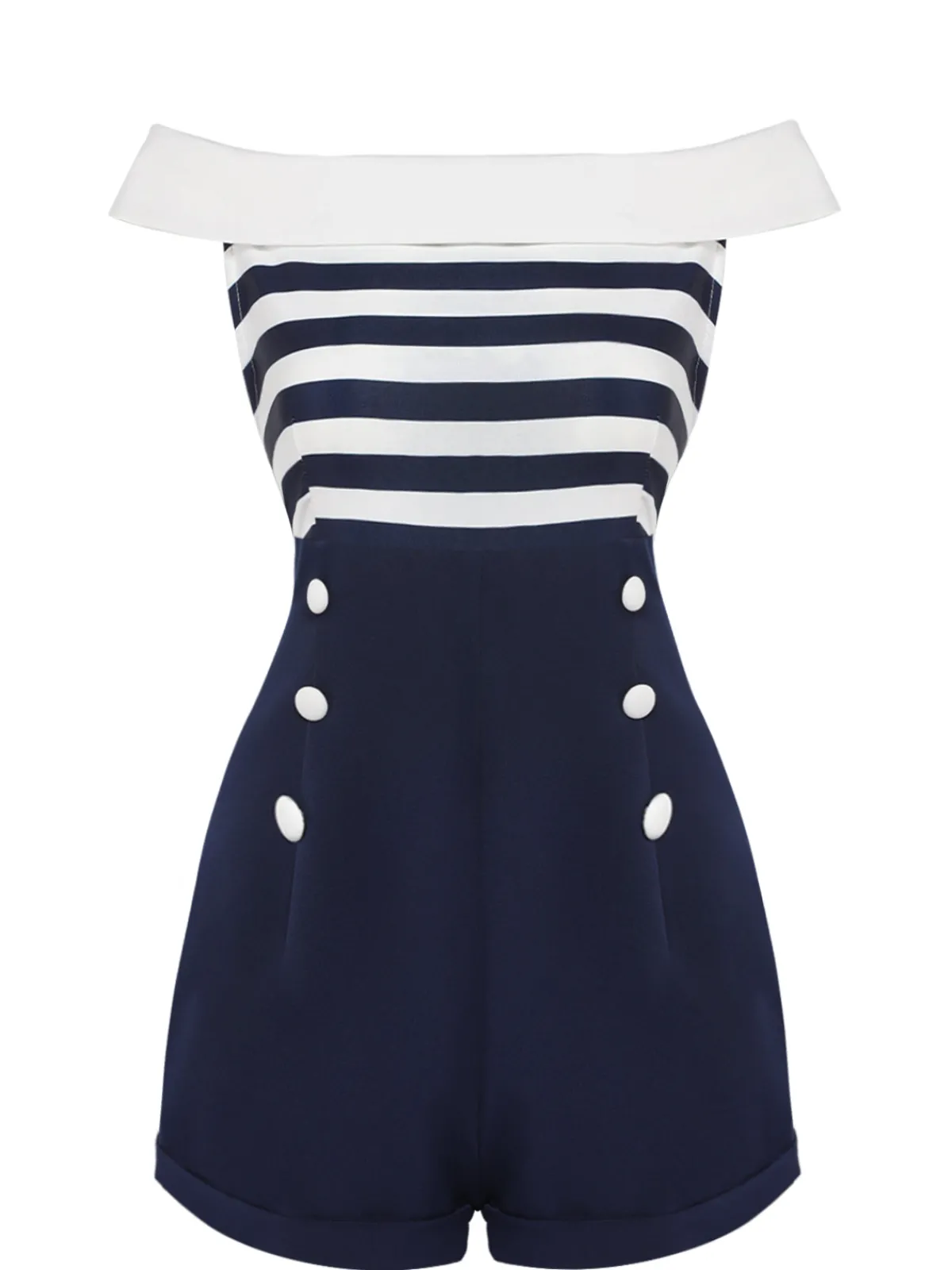 Online Retro Stage 1950s Patchwork Off-shoulder Striped Romper Navy Blue