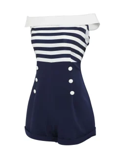 Online Retro Stage 1950s Patchwork Off-shoulder Striped Romper Navy Blue