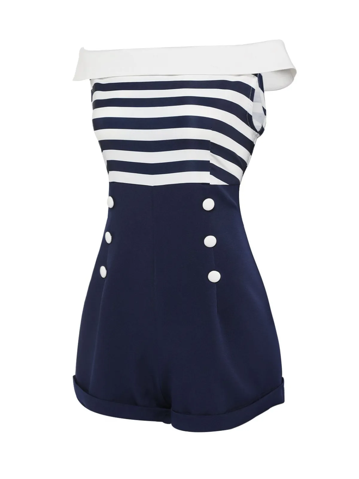 Online Retro Stage 1950s Patchwork Off-shoulder Striped Romper Navy Blue