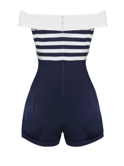 Online Retro Stage 1950s Patchwork Off-shoulder Striped Romper Navy Blue