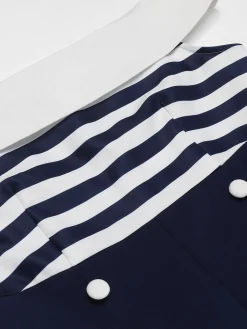 Online Retro Stage 1950s Patchwork Off-shoulder Striped Romper Navy Blue