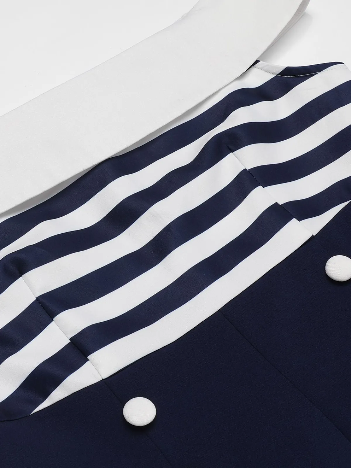 Online Retro Stage 1950s Patchwork Off-shoulder Striped Romper Navy Blue