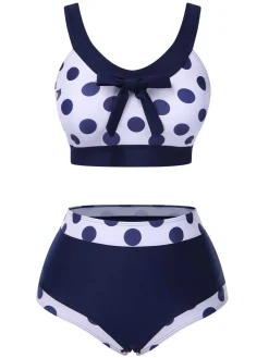 New Retro Stage 1950s Polka Dots High-Waist Swimsuit Navy Blue