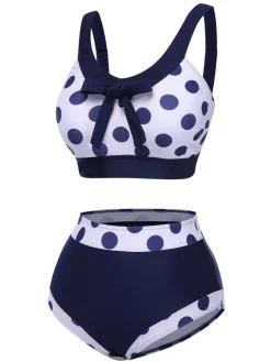 New Retro Stage 1950s Polka Dots High-Waist Swimsuit Navy Blue