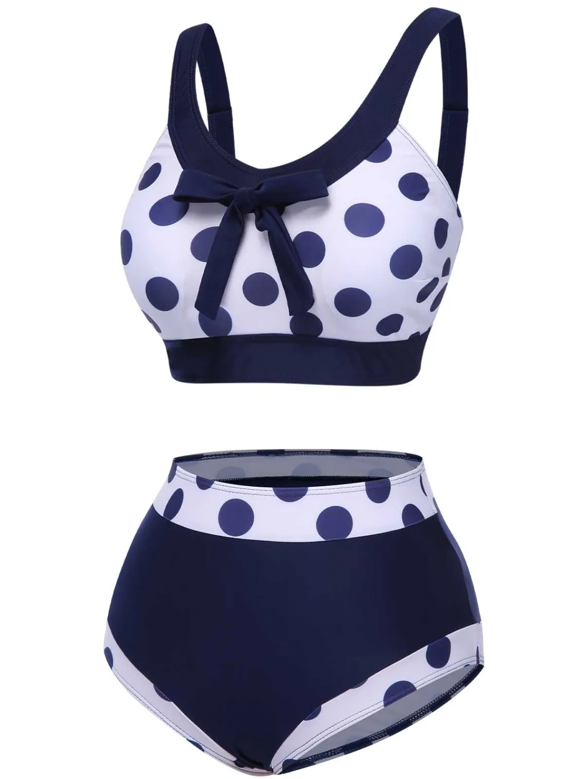 New Retro Stage 1950s Polka Dots High-Waist Swimsuit Navy Blue