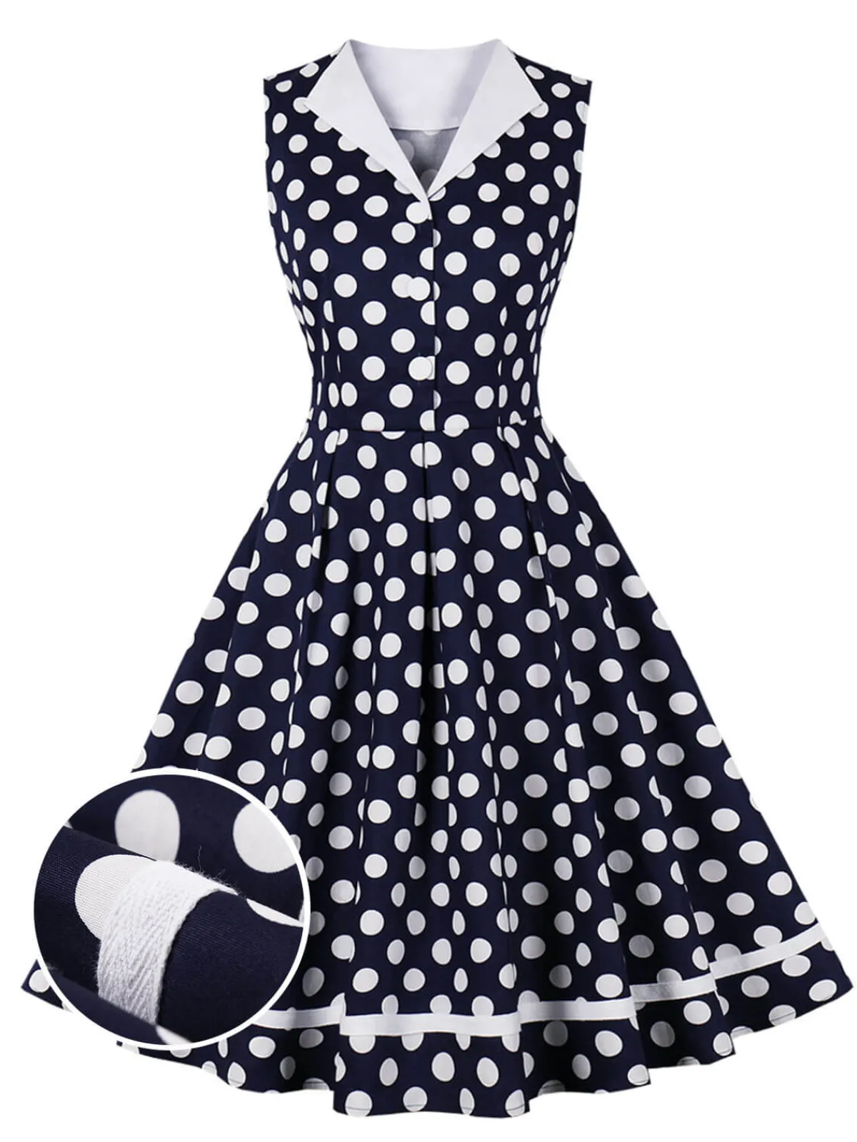 Clearance Retro Stage 1950s Polka Dots Lapel Dress Navy Blue