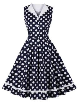 Clearance Retro Stage 1950s Polka Dots Lapel Dress Navy Blue