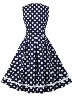 Clearance Retro Stage 1950s Polka Dots Lapel Dress Navy Blue