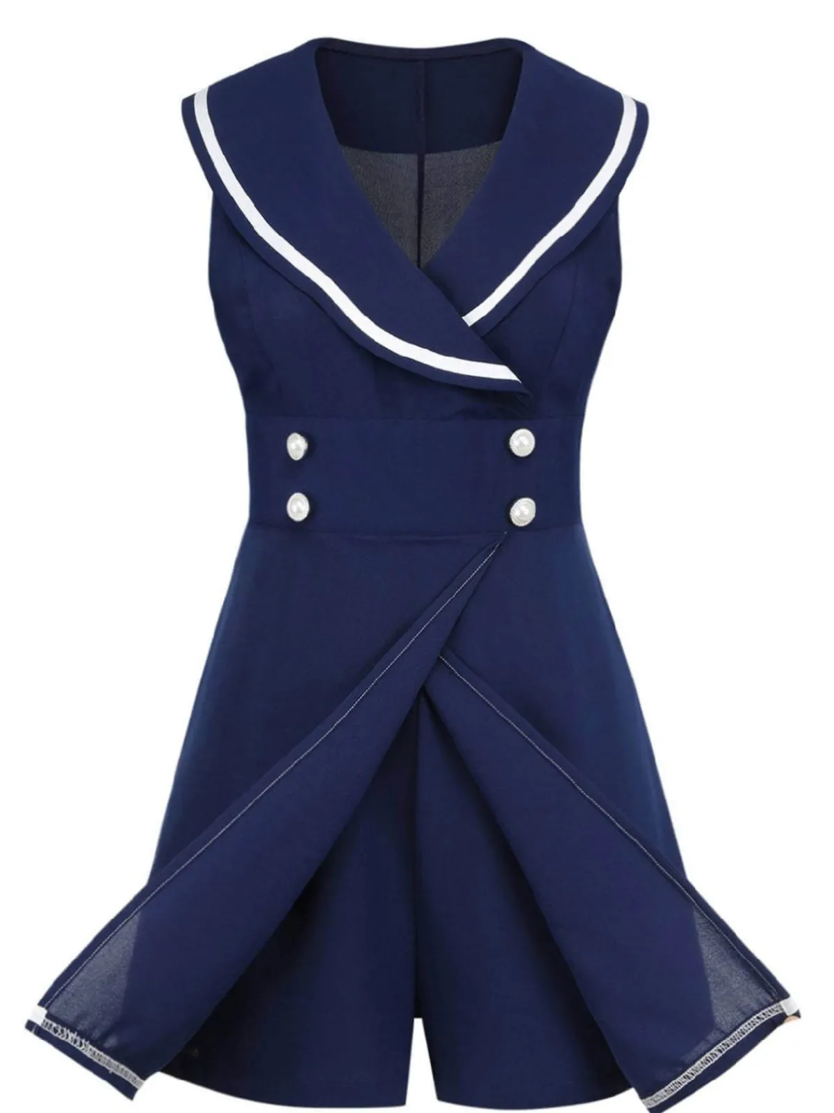 Best Retro Stage 1950s Sailor Collar Romper Navy Blue