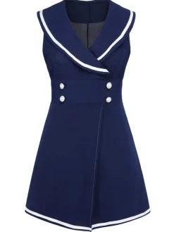 Best Retro Stage 1950s Sailor Collar Romper Navy Blue
