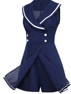 Best Retro Stage 1950s Sailor Collar Romper Navy Blue