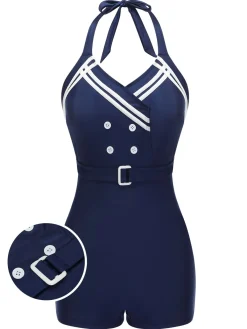 Best Retro Stage 1950s Solid Belt Button Halter Swimsuit Navy Blue