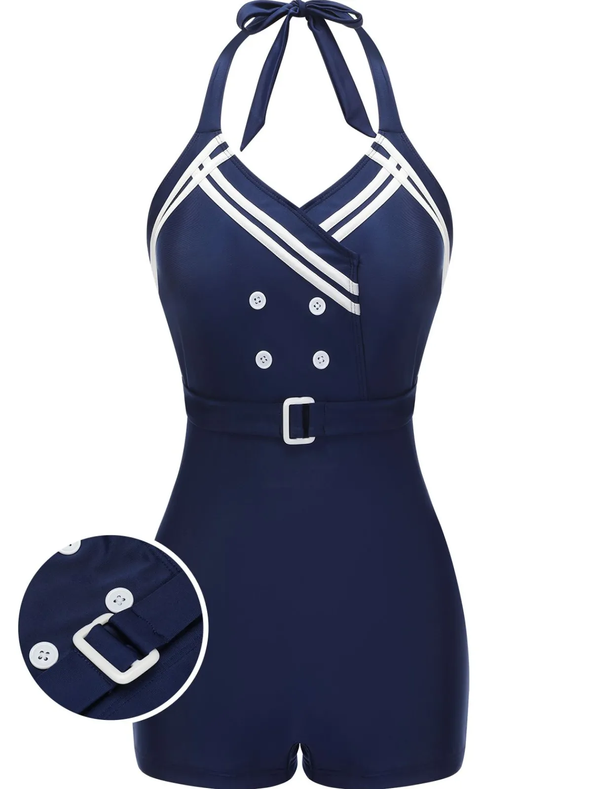 Best Retro Stage 1950s Solid Belt Button Halter Swimsuit Navy Blue