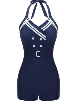 Best Retro Stage 1950s Solid Belt Button Halter Swimsuit Navy Blue