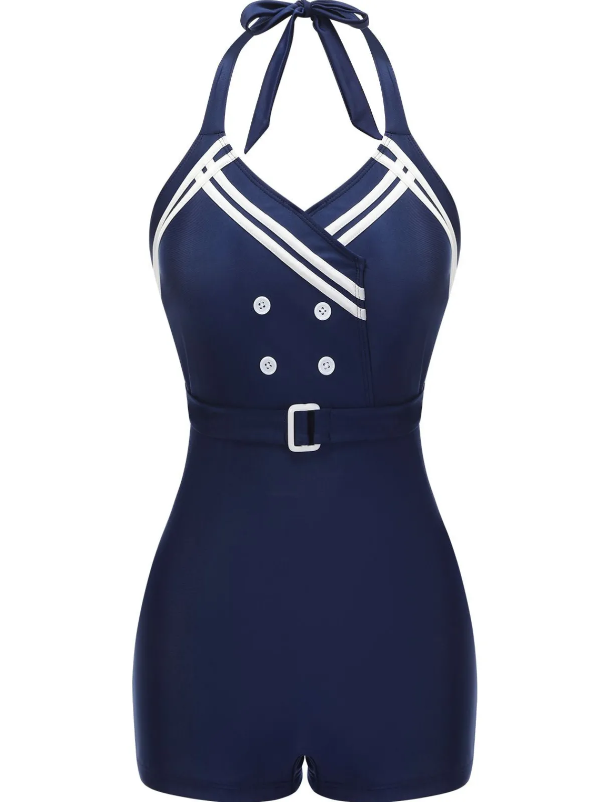 Best Retro Stage 1950s Solid Belt Button Halter Swimsuit Navy Blue