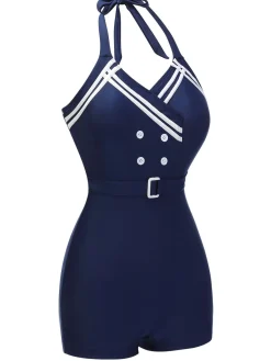 Best Retro Stage 1950s Solid Belt Button Halter Swimsuit Navy Blue