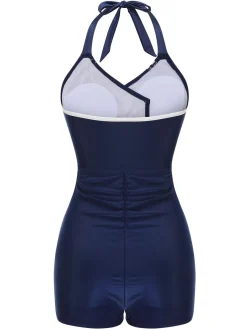 Best Retro Stage 1950s Solid Belt Button Halter Swimsuit Navy Blue