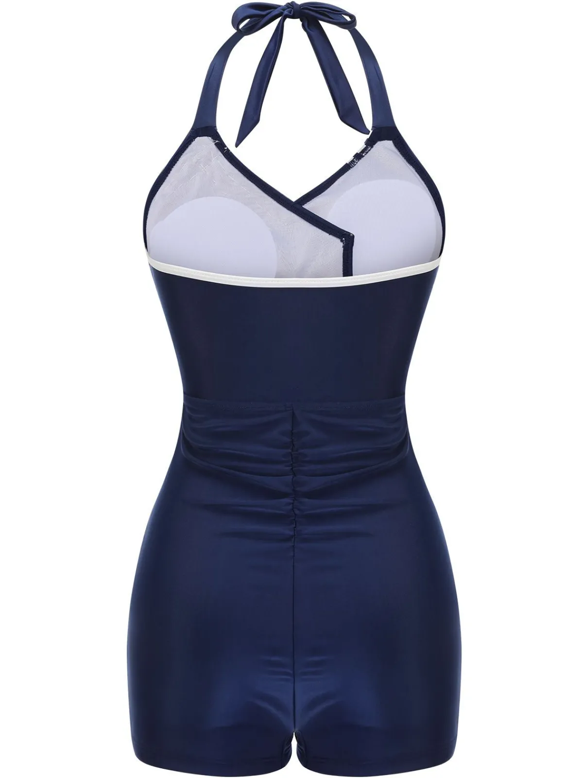 Best Retro Stage 1950s Solid Belt Button Halter Swimsuit Navy Blue