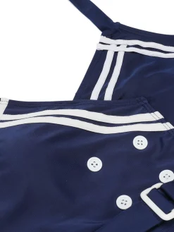 Best Retro Stage 1950s Solid Belt Button Halter Swimsuit Navy Blue