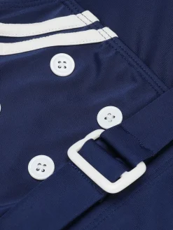 Best Retro Stage 1950s Solid Belt Button Halter Swimsuit Navy Blue