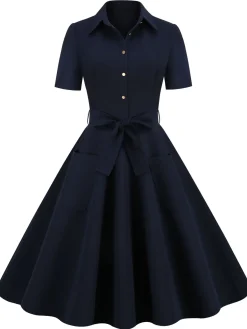 Fashion Retro Stage 1950s Solid Belt Swing Dress Navy Blue