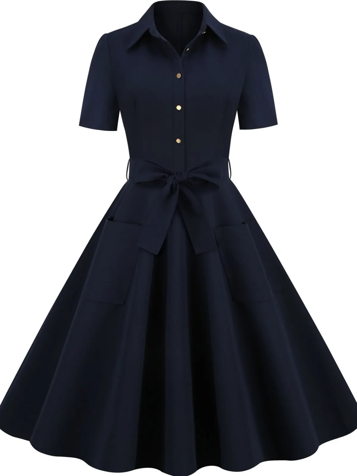 Fashion Retro Stage 1950s Solid Belt Swing Dress Navy Blue