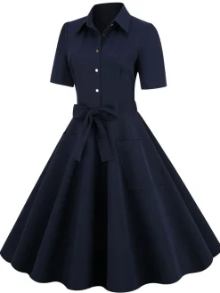 Fashion Retro Stage 1950s Solid Belt Swing Dress Navy Blue
