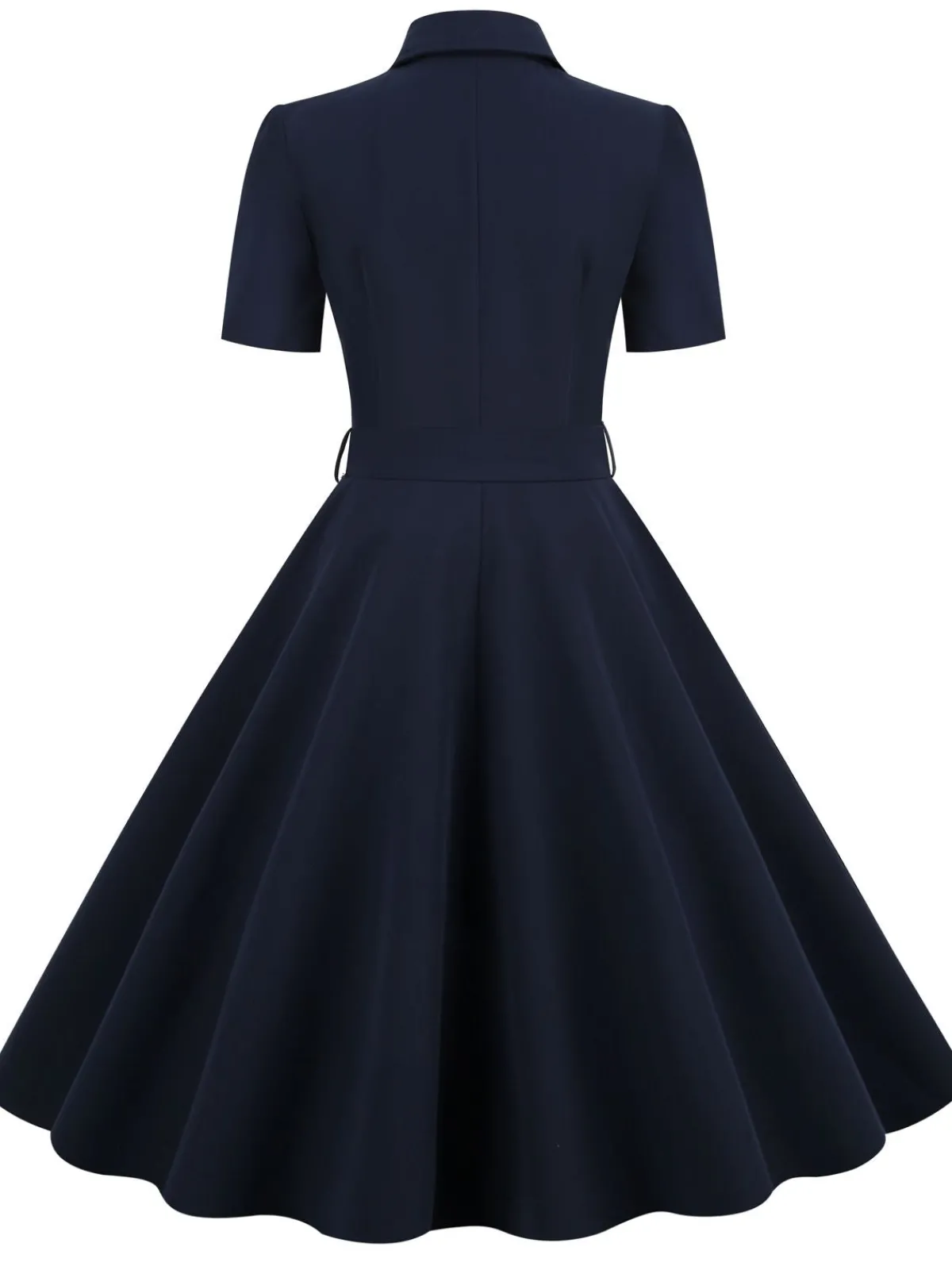 Fashion Retro Stage 1950s Solid Belt Swing Dress Navy Blue
