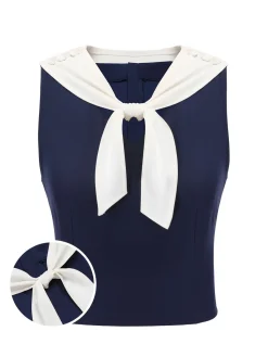 Best Retro Stage 1950s Solid Sailor Collar Blouse Navy Blue