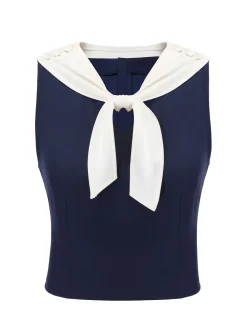Best Retro Stage 1950s Solid Sailor Collar Blouse Navy Blue