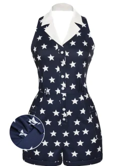 Best Retro Stage 1950s Stars Lapel Vintage Romper Navy blue