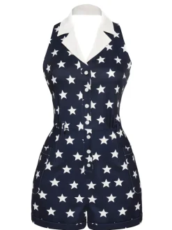 Best Retro Stage 1950s Stars Lapel Vintage Romper Navy blue