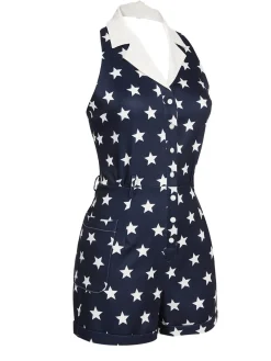 Best Retro Stage 1950s Stars Lapel Vintage Romper Navy blue