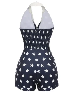 Best Retro Stage 1950s Stars Lapel Vintage Romper Navy blue