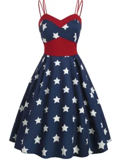 Discount Retro Stage 1950s Stars Spaghetti Strap Dress Navy Blue