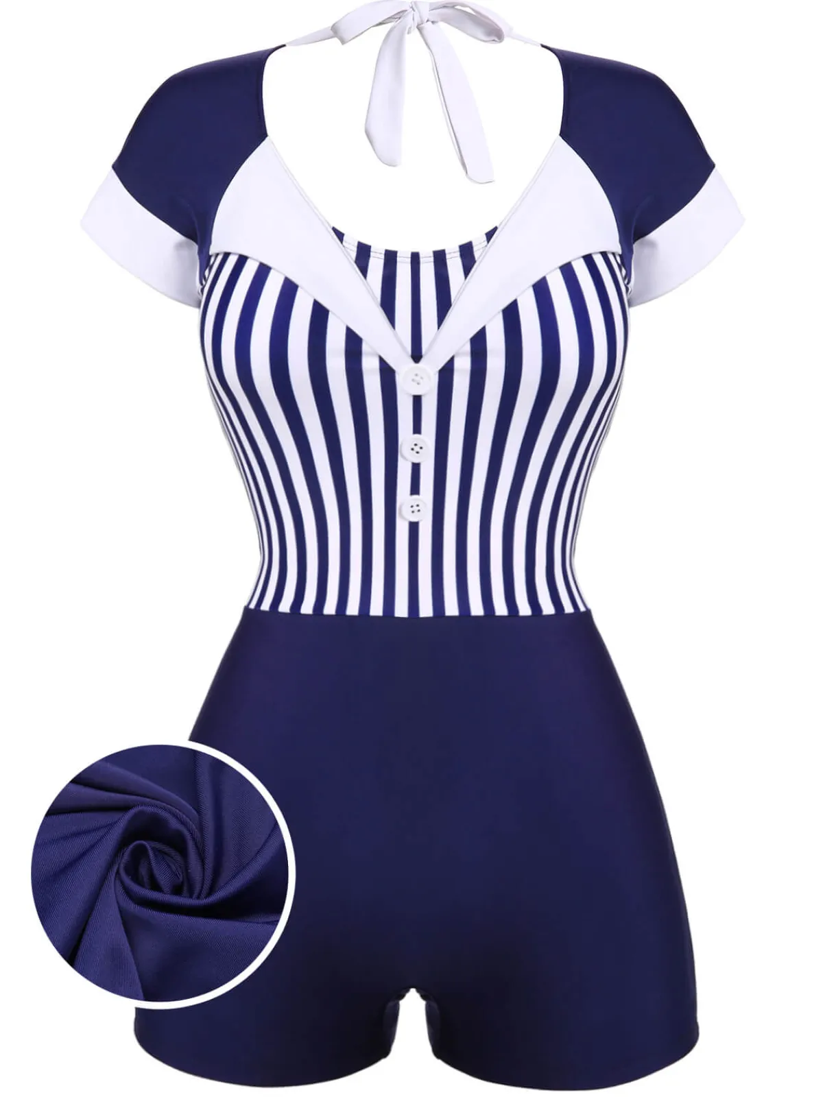 Best Retro Stage 1930s Stripe Patchwork Swimsuit Navy Blue