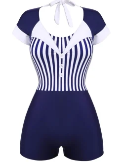 Best Retro Stage 1930s Stripe Patchwork Swimsuit Navy Blue