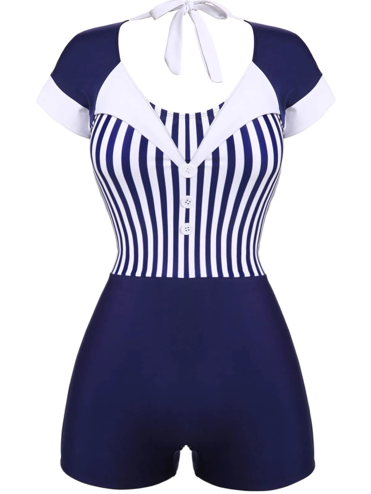Best Retro Stage 1930s Stripe Patchwork Swimsuit Navy Blue