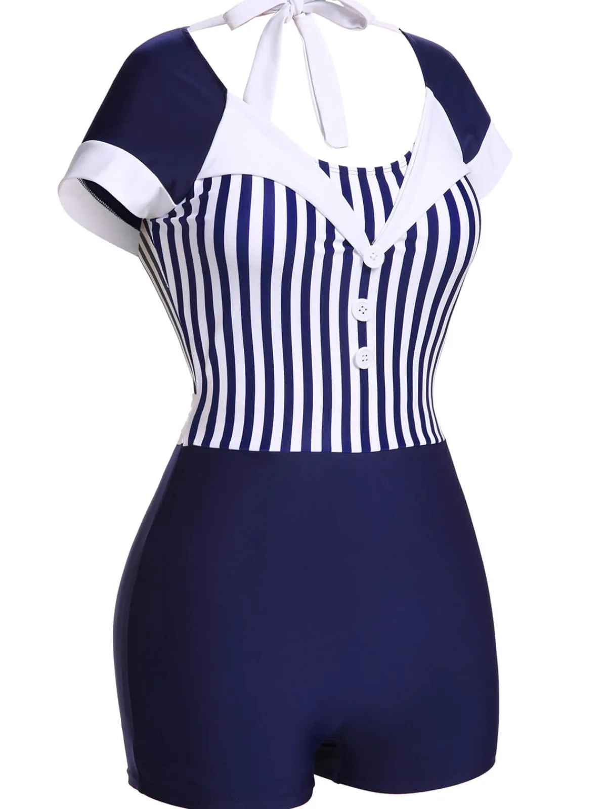 Best Retro Stage 1930s Stripe Patchwork Swimsuit Navy Blue