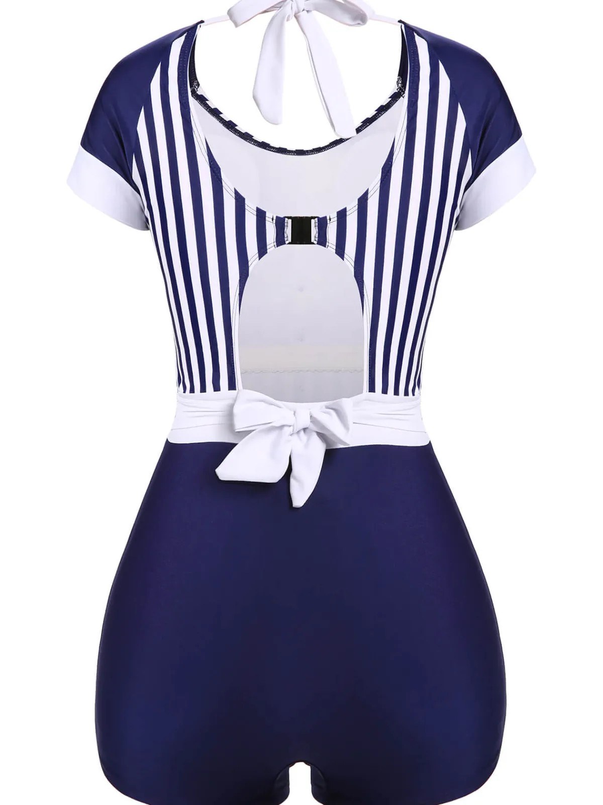 Best Retro Stage 1930s Stripe Patchwork Swimsuit Navy Blue