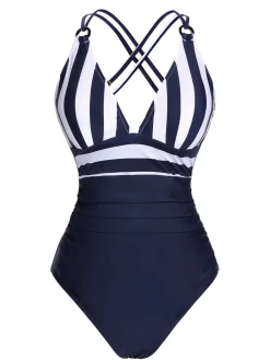 Online Retro Stage Navy 1950s Stripes Strap Patchwork Swimsuit Blue