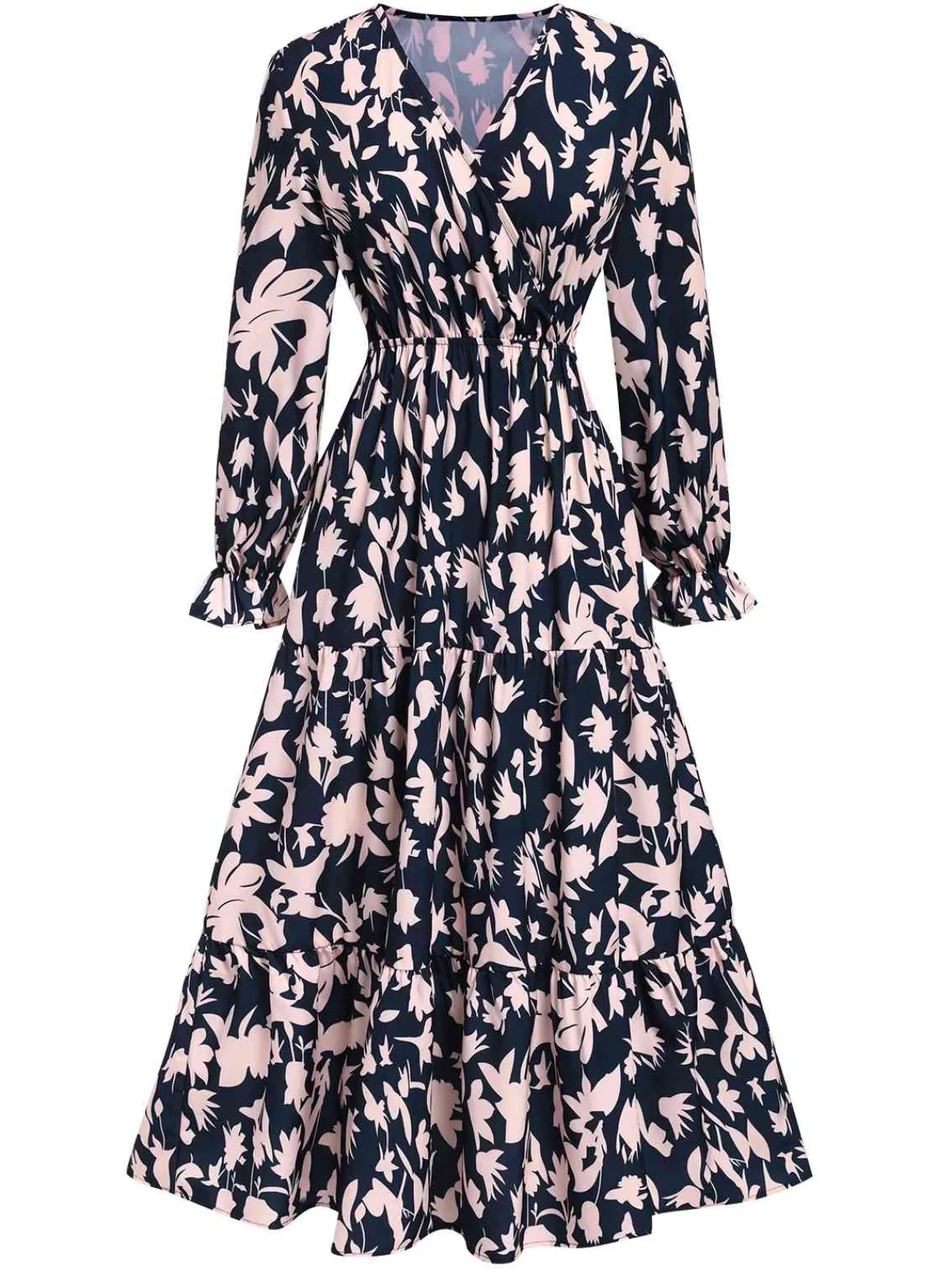 Sale Retro Stage 1930s V-Neck Floral Dress Navy Blue