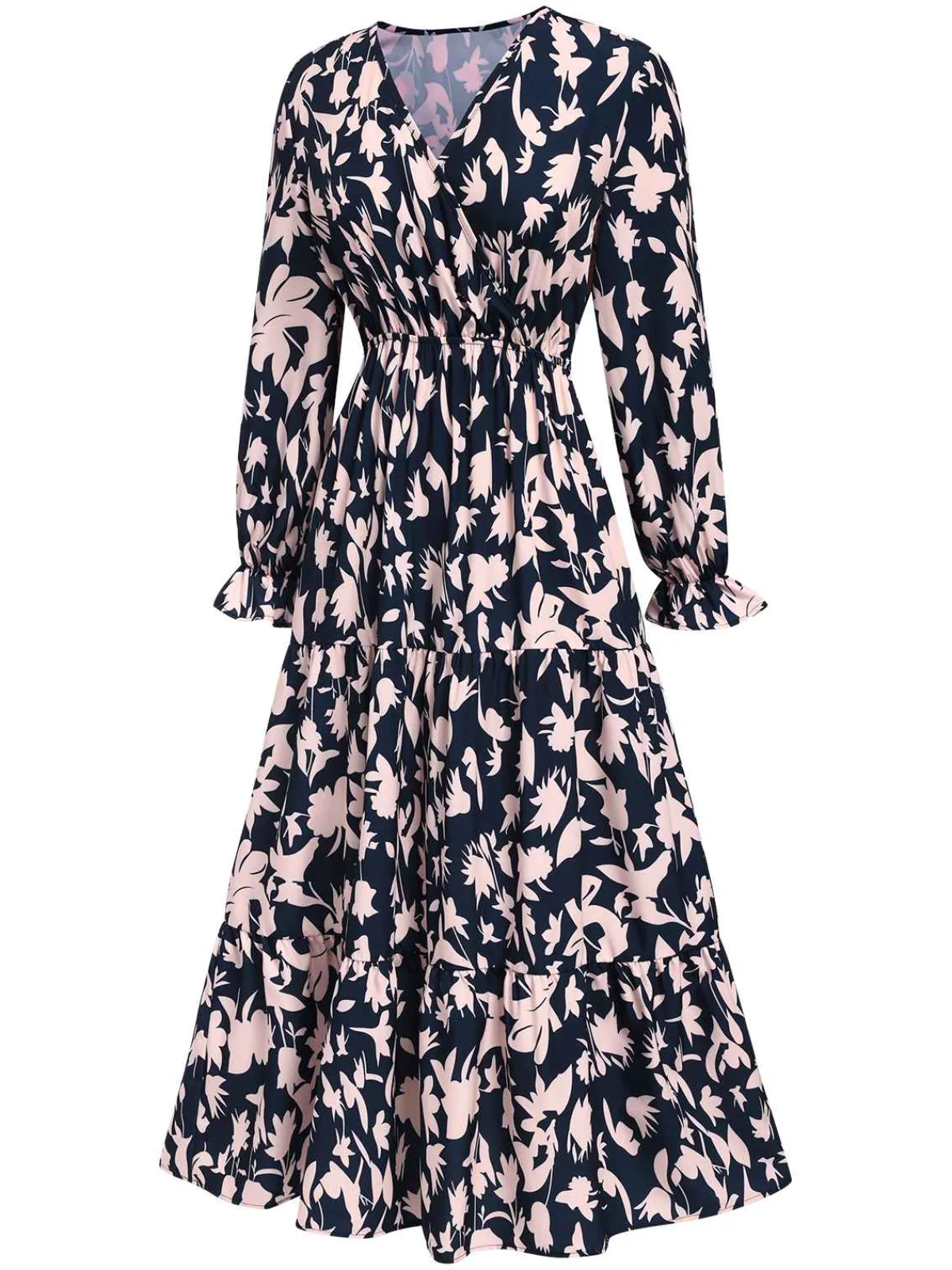 Sale Retro Stage 1930s V-Neck Floral Dress Navy Blue