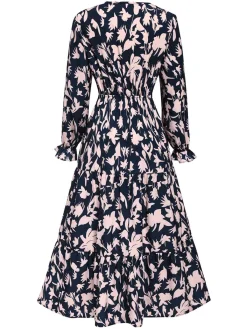 Sale Retro Stage 1930s V-Neck Floral Dress Navy Blue