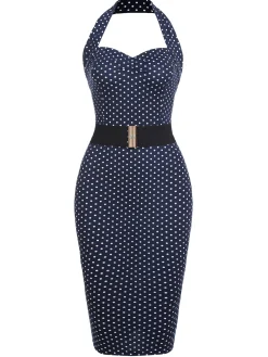 Hot Retro Stage Navy 1960s Halter Dot Bodycon Dress Navy Blue